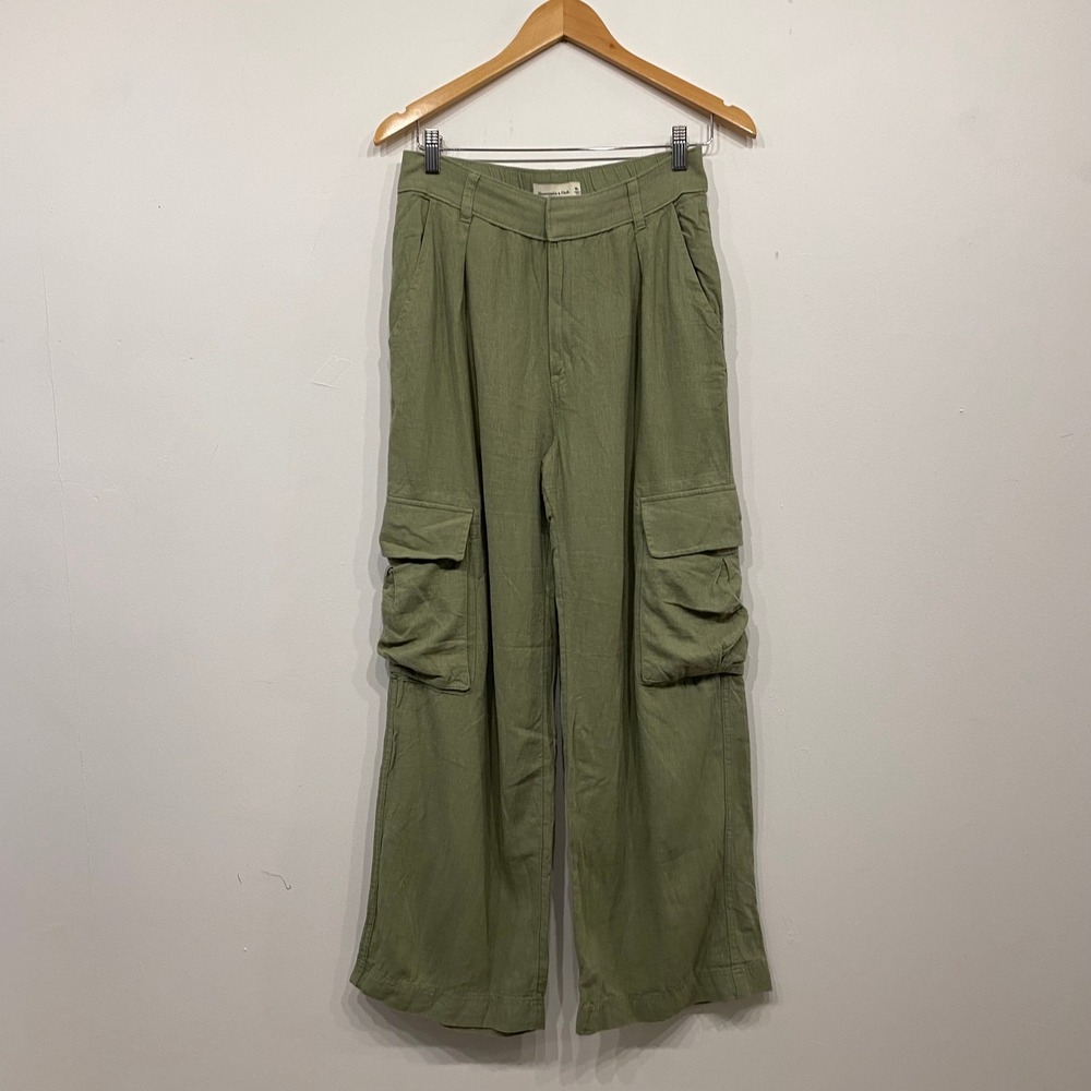 Abercrombie & Fitch Womens Linen Blend Wide Leg Cargo Pants Olive Green Size M